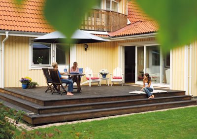 Generöst och enkelt uteliv med altanen i samma nivå som  golvet inomhus.