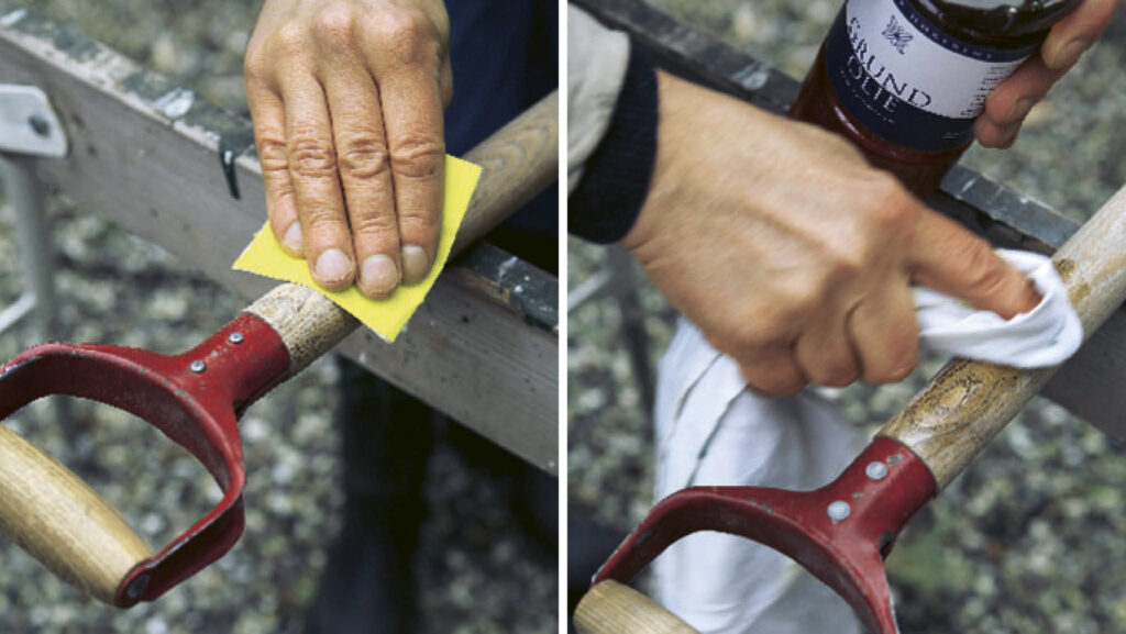 vårda trädgårdsredskap slipa spade olja