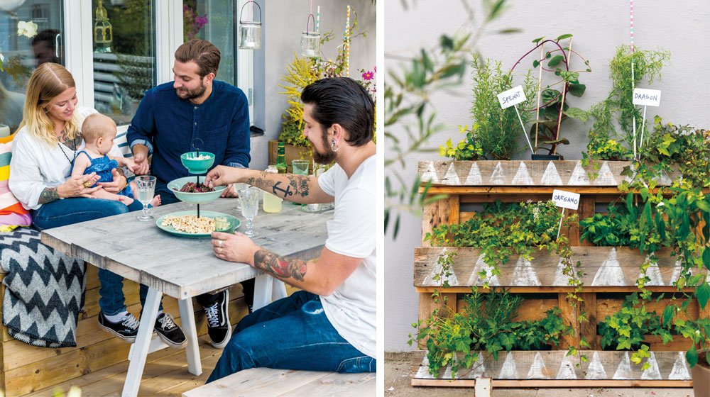Rustikt bockbord, bänk med inbyggd förvaring och blomlåda, odlingshylla av lastpallar  – efter att ha byggt sin drömuteplats byggde Felix och Eugenia även möblerna till den. Låt dig inspireras till att bygga egna utemöbler!