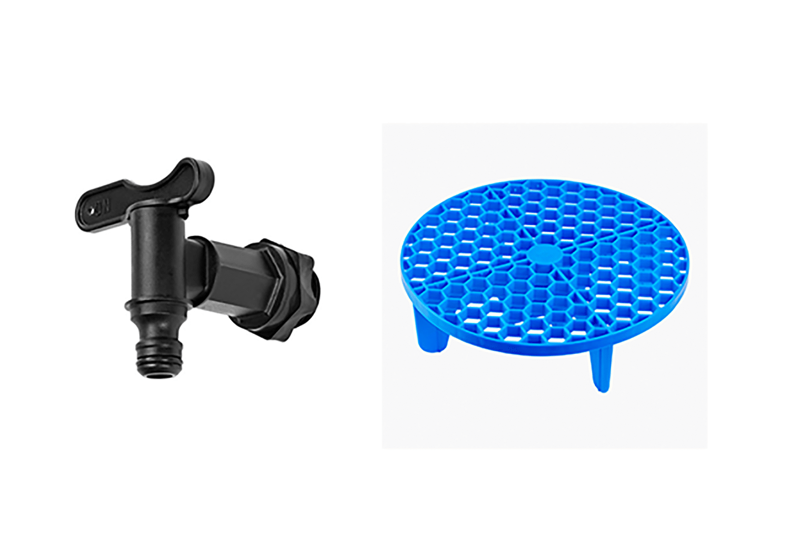 Med en sådan här kran och smutsavskiljare kan du bygga en egen bokashihink. Foto: Jula och Biltema