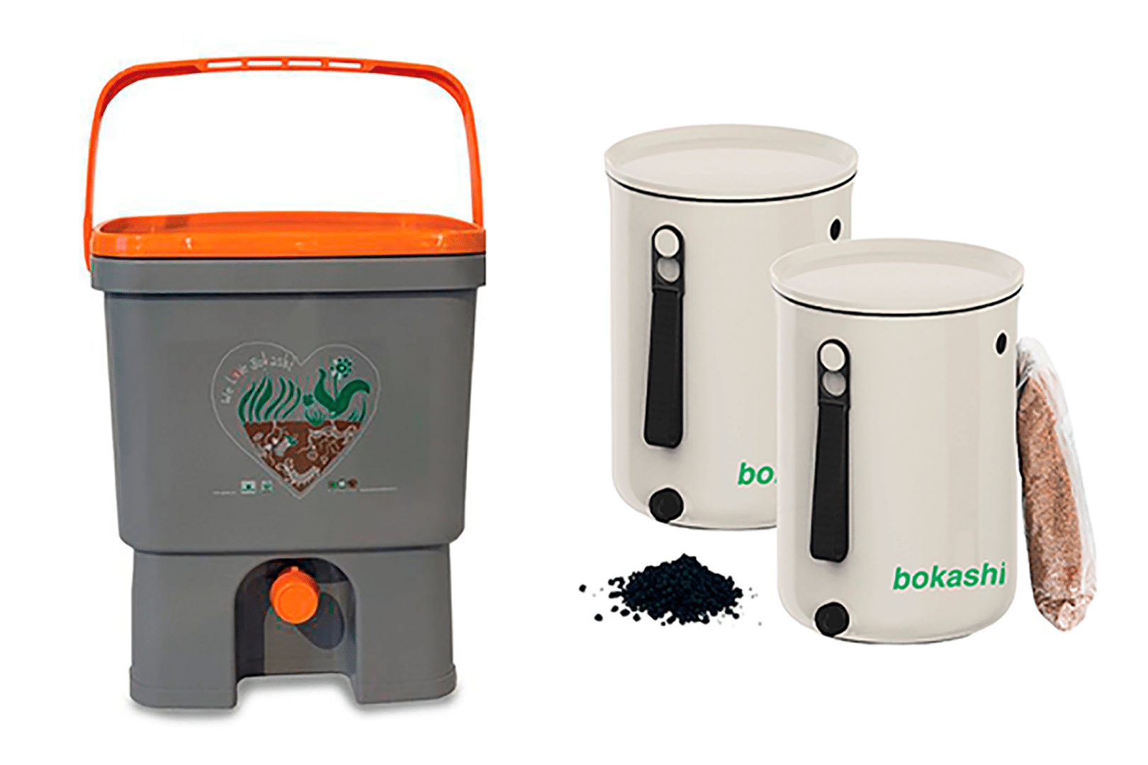 Bokashihinkar har lock och kran, och brukar få plats under diskbänken. Hinkar och bokashiströ finns att köpa i både trädgårdsbutiker och på nätet. Foto: Plantagen och Bokashi.se