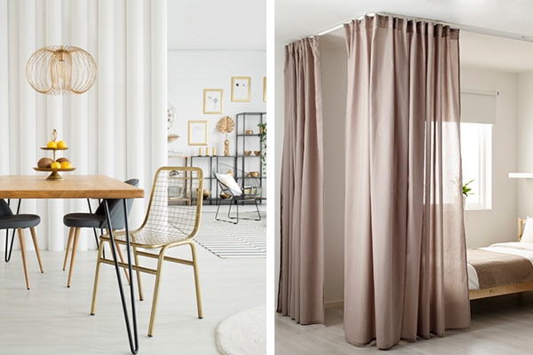 Med en gardin mellan köket och matbord slipper du se disken. Gardinskenor i taket från Ikea.