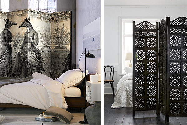 Här syns skärmväggen Conversation från Furniturebox som en kombinerad tavla och insynsskydd, och skärmväggen Snidad från Ellos Home, ger asiatisk känsla.