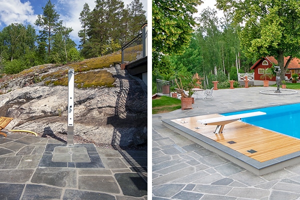 Oregelbundna plattor av ljusgrå Oppdalsskiffer från Norge skapar spännande mönster.
