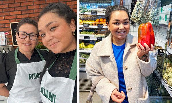 Till vänster syns Nazuk i köket med sin mamma. Till höger en bild från när Vi i villa följde med Nazuk och handlade i en delikatessbutik efter intervjun. Foto: Privat och Sandra Holmes/Vi i Villa