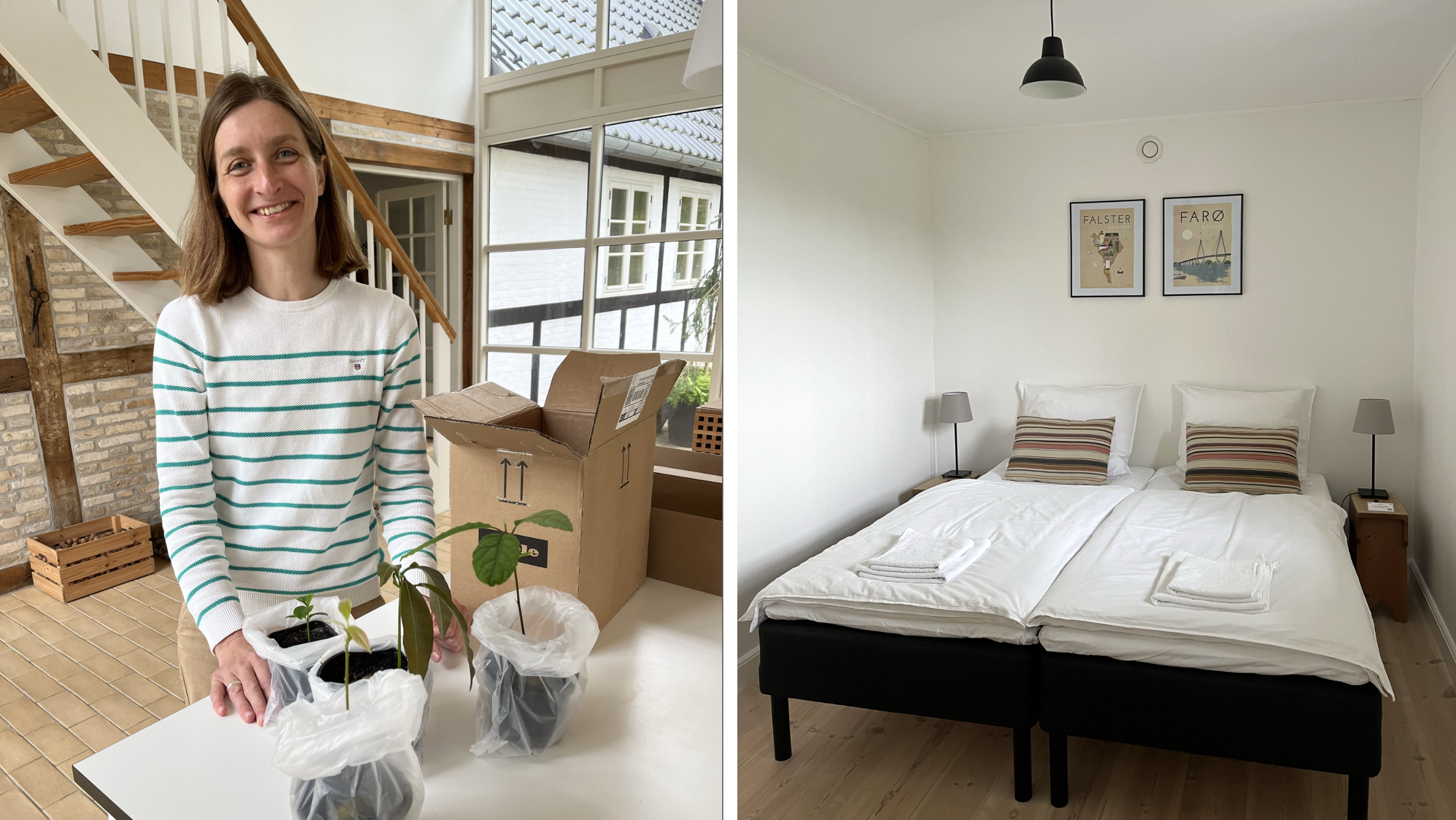 Lucie Hansen, som driver B&B med sin man Jesper, älskar att odla. Vi får plantor av avokado, mango och valnöt med oss hem.