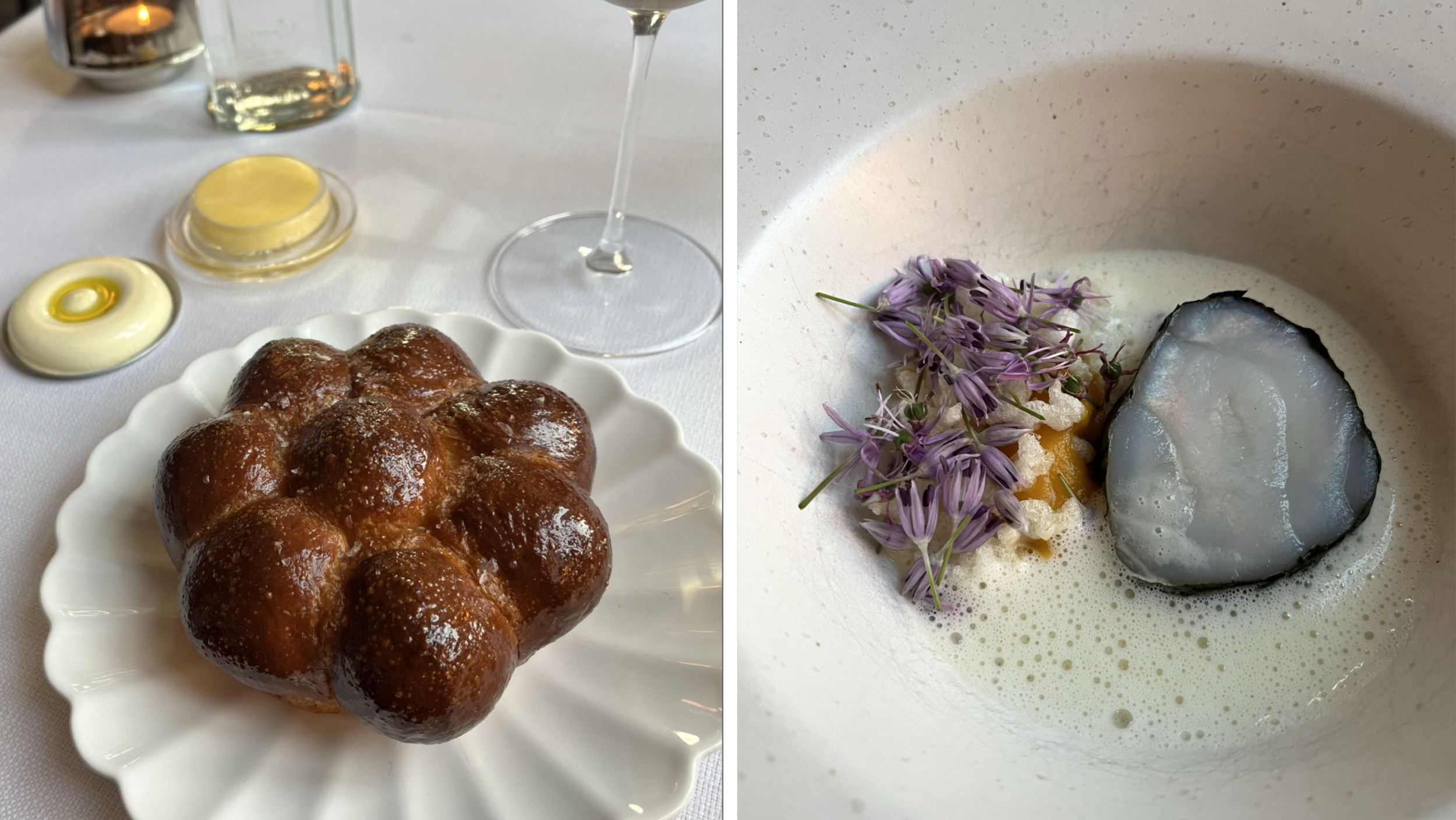 Det söta japanska mjölkbrödet med vispat smör och marulk i shiso med beurre blanc är två favoriter från gourmetmenyn på hotellrestaurangen Essence.