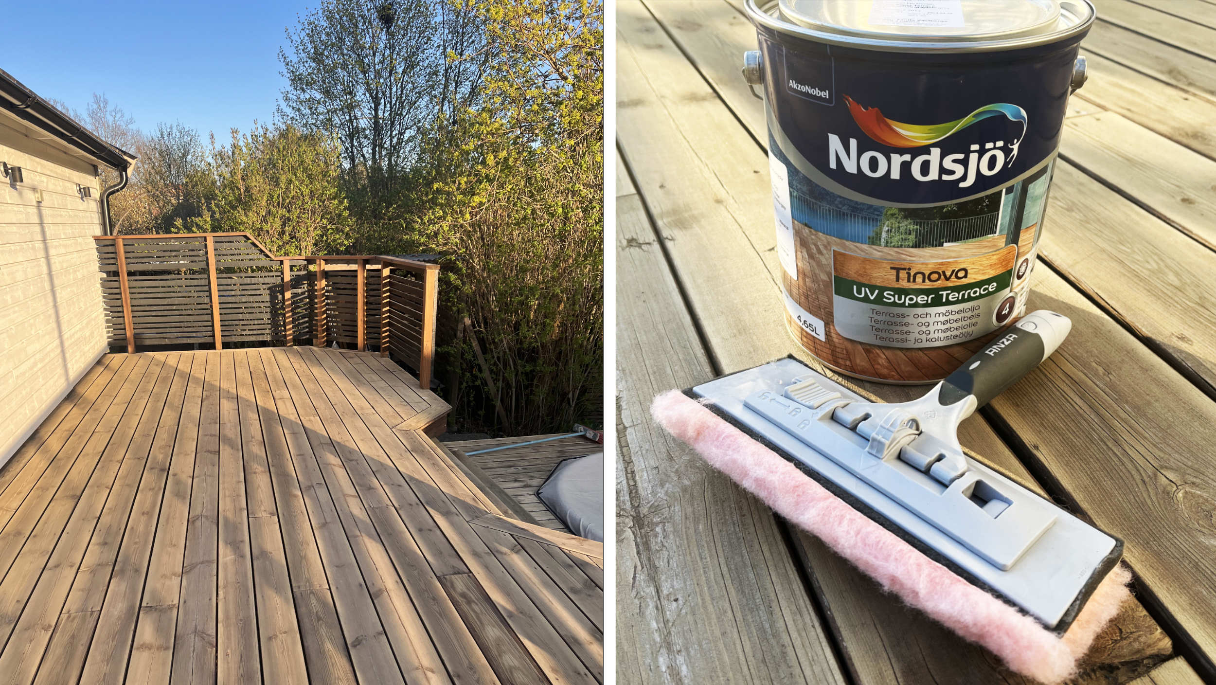 Vi slipade altanen trären och strök på Nordsjös träolja Tinova UV Super Terrace i kulören Scandinavian graphite grey.