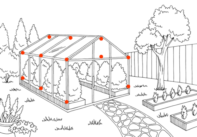 Sätt upp krokar invändigt vid de röda punkterna. Sätt sedan upp ett rep eller en vajer i krokarna och fäst bubbelplasten i repet.