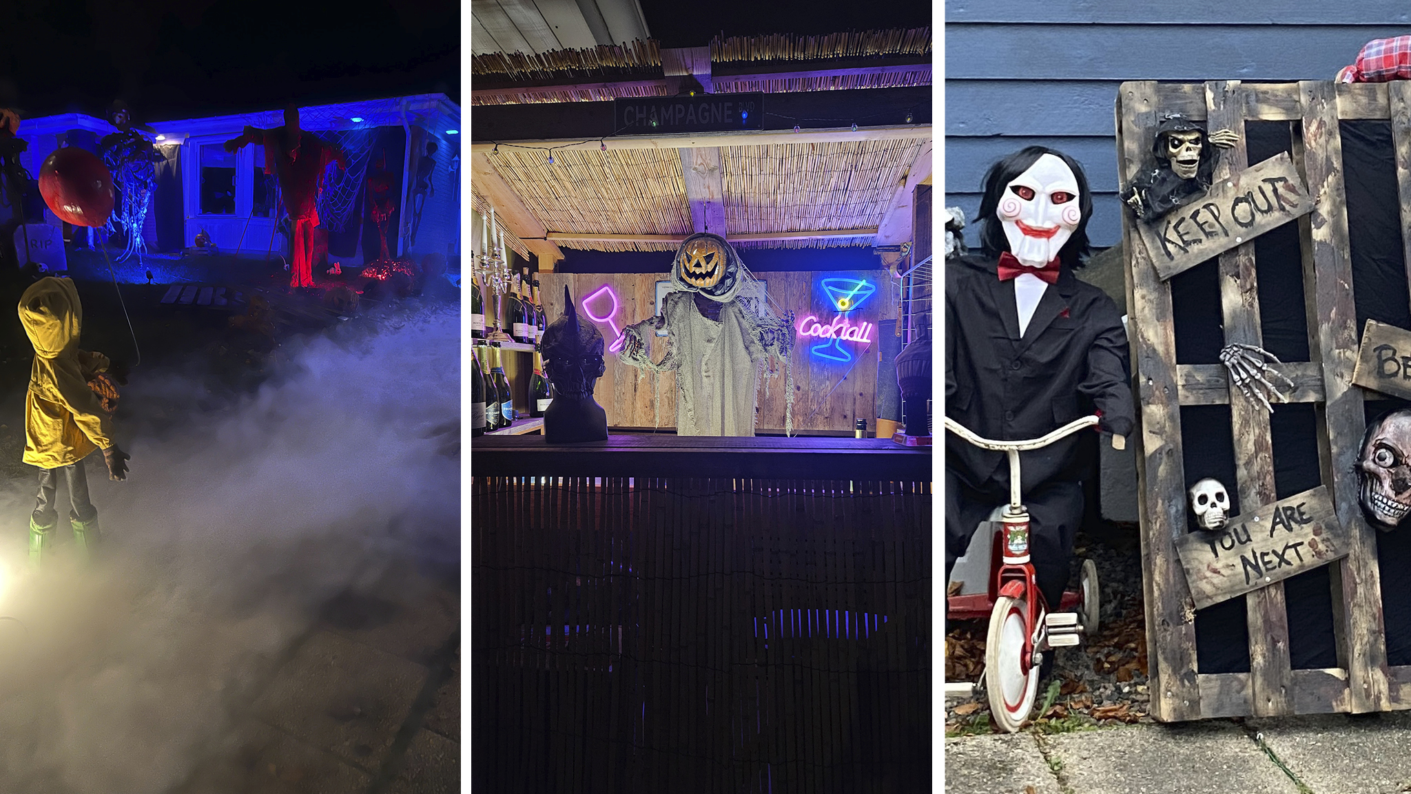 Läskiga halloweenpyntade hus